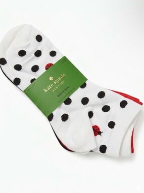 kate spade White Polka Dot Crew Socks with Black Dots and Red Accent